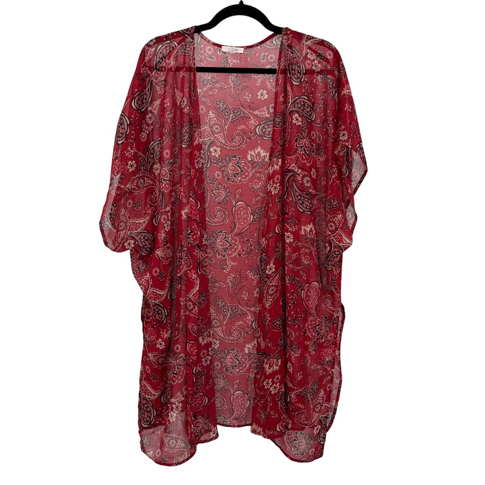 Maurices L/XL Kimono Wrap Cardigan Red Paisley Sheer Open Front Floral Boho